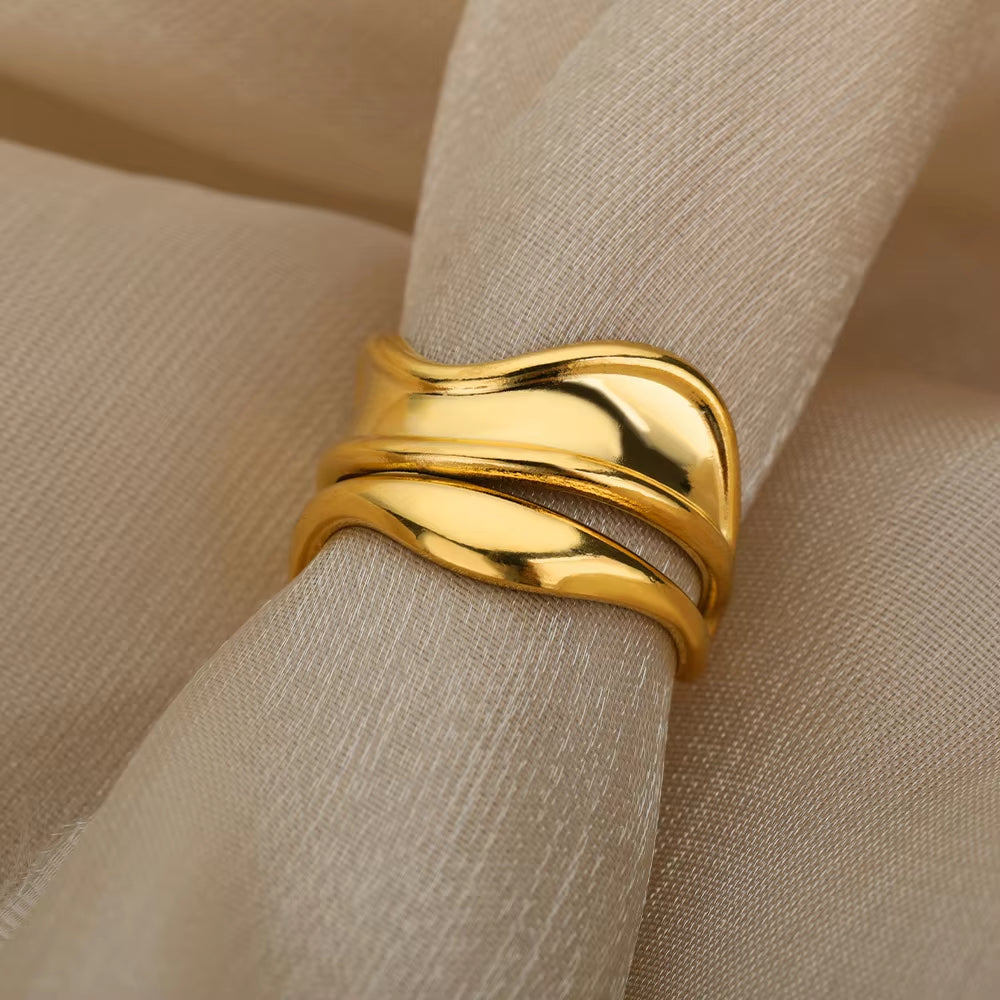 Luxury Wide Wave Rings for Women Gold Color Stainless Steel Ring 2024 Trend Elegant Aesthetic Jewelry Couple Gift Anillos Mujer